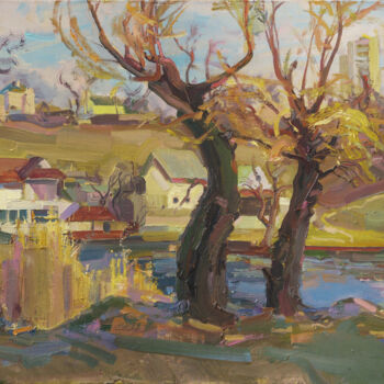 Painting titled "Willows near the la…" by Victor Onyshchenko, Original Artwork, Oil