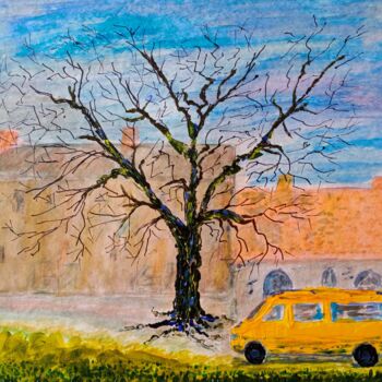 Schilderij getiteld "Yellow bus and tree" door Victor Shefer, Origineel Kunstwerk, Acryl