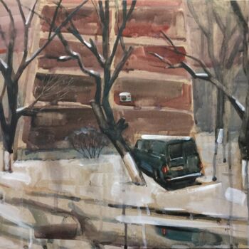 Painting titled "Winter Street" by Victor Ciobanu, Original Artwork, Watercolor Mounted on Other rigid panel