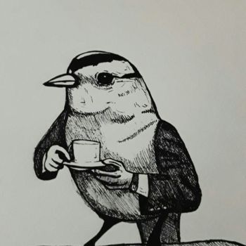 Dessin intitulée "Pássaro Tomando Chá" par Víctor Diz, Œuvre d'art originale, Stylo à bille