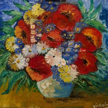 Painting titled "Happy Poppies" by Victoria Art, Original Artwork, Oil