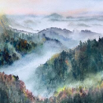 Painting titled "Misty mountains" by Victoria Boyko, Original Artwork, Watercolor