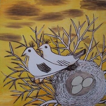 Peinture intitulée "couple d'oiseaux" par Victoria Fadhila Abessi, Œuvre d'art originale