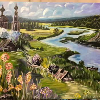 Painting titled "Родная деревня" by Viktoriia Deriugina, Original Artwork, Acrylic