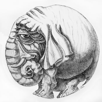 Drawing titled "Rounded Elephant" by Victor Molev, Original Artwork, Ink
