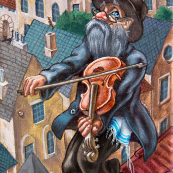 Painting titled "Fiddler on the roof…" by Victor Molev, Original Artwork, Oil Mounted on Wood Stretcher frame