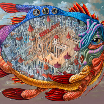 Картина под названием "Heavenly Coelacanth" - Victor Molev, Подлинное произведение искусства, Масло Установлен на Деревянная…