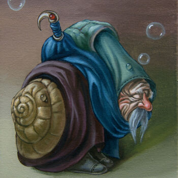 Painting titled "Mustached Snail" by Victor Molev, Original Artwork, Oil Mounted on Wood Stretcher frame