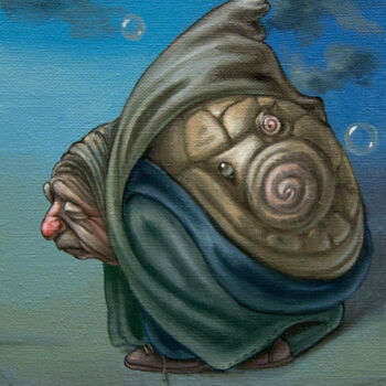 Schilderij getiteld "Old Snail." door Victor Molev, Origineel Kunstwerk, Olie Gemonteerd op Frame voor houten brancard