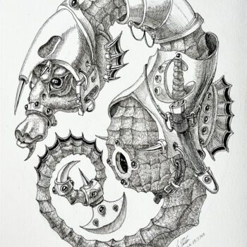 Drawing titled "Rumble Sea Horse" by Victor Molev, Original Artwork, Ink