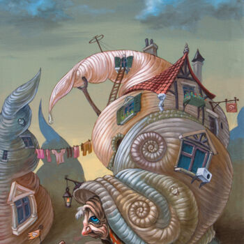 Malerei mit dem Titel "Snails" von Victor Molev, Original-Kunstwerk, Öl Auf Keilrahmen aus Holz montiert
