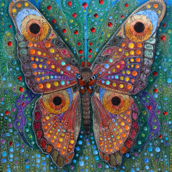 Painting titled "Village Butterfly A…" by Victor Molev, Original Artwork, Oil Mounted on Wood Stretcher frame