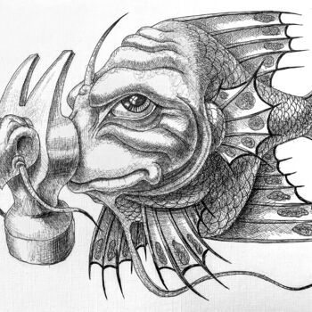 Drawing titled "Small-Hammer Fish" by Victor Molev, Original Artwork, Ink