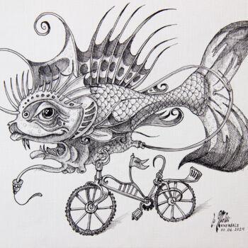 Dessin intitulée "Fish on a bicycle.…" par Victor Molev, Œuvre d'art originale, Encre