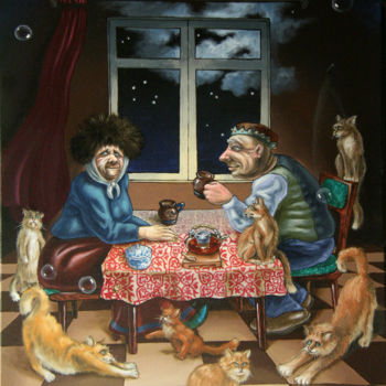 Painting titled "Tea with cats" by Victor Molev, Original Artwork, Oil