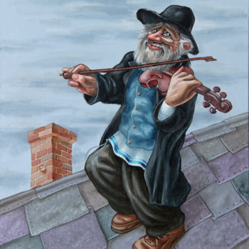 Картина под названием "Fiddler on the Roof…" - Victor Molev, Подлинное произведение искусства, Масло Установлен на картон