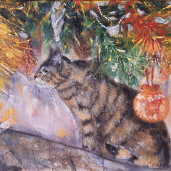Картина под названием "В рождество под елк…" - Vika Gumarova, Подлинное произведение искусства, Масло Установлен на Деревянн…