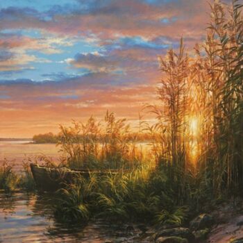 Peinture intitulée "Sunset on the river" par Viktar Yushkevich Yuvart, Œuvre d'art originale, Acrylique