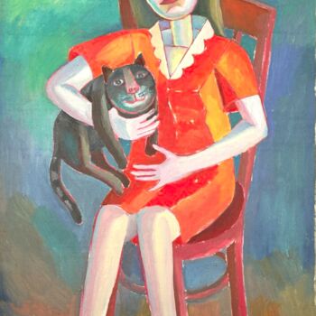 Картина под названием ",, Девочка с кошкой…" - Виктор Безумов, Подлинное произведение искусства, Масло