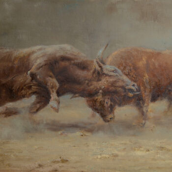 Schilderij getiteld "Bullfight" door Viktor Kolomiyets, Origineel Kunstwerk, Olie