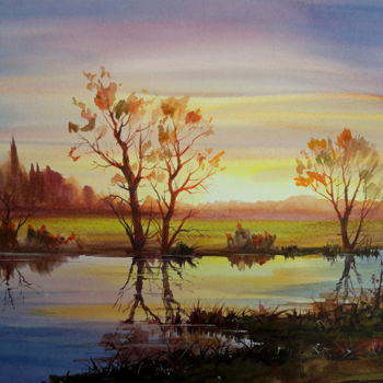 Painting titled "Evening on the river" by Viktor Kovalev, Original Artwork, Watercolor