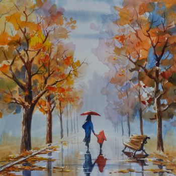 Картина под названием "Autumn alley" - Viktor Kovalev, Подлинное произведение искусства, Акварель