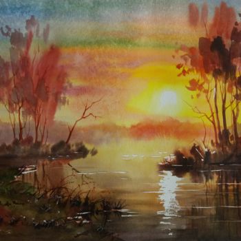 Painting titled "Sunset over the Lake" by Viktor Kovalev, Original Artwork, Watercolor