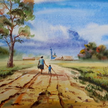 Painting titled "Country road" by Viktor Kovalev, Original Artwork, Watercolor