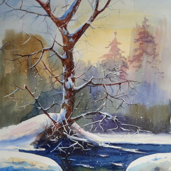 Painting titled "Tree in snow" by Viktor Kovalev, Original Artwork, Watercolor