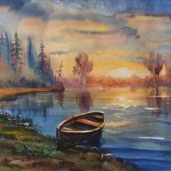 Painting titled "A boat near the sho…" by Viktor Kovalev, Original Artwork, Watercolor
