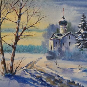 Картина под названием "Village church in w…" - Viktor Kovalev, Подлинное произведение искусства, Акварель