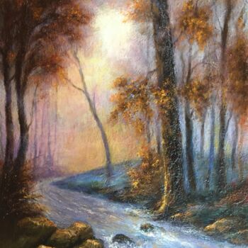 Schilderij getiteld "forest stream" door Viktor Kurson, Origineel Kunstwerk, Olie