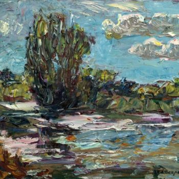 Painting titled "Summer day at the p…" by Viktor Makarov, Original Artwork, Oil Mounted on Wood Stretcher frame