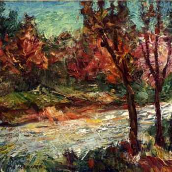 Картина под названием "River landscape, oi…" - Viktor Makarov, Подлинное произведение искусства, Масло Установлен на Деревян…