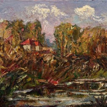 Painting titled "By the river, oil p…" by Viktor Makarov, Original Artwork, Oil Mounted on Wood Stretcher frame