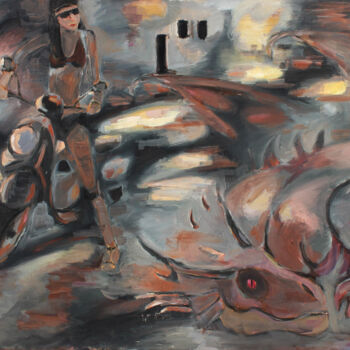 Painting titled "womans and dragons 2" by Viktor Mesogios, Original Artwork, Oil Mounted on Wood Stretcher frame