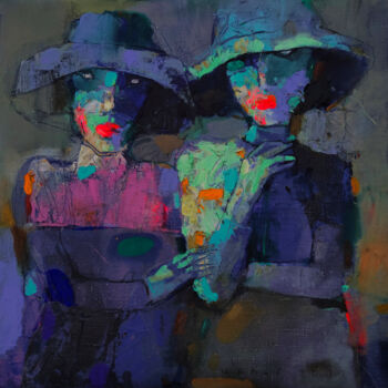 Malarstwo zatytułowany „Two girlfriends in…” autorstwa Viktor Sheleg, Oryginalna praca, Olej Zamontowany na Drewniana rama n…