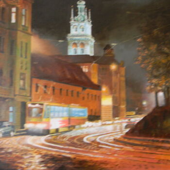 Painting titled "Ночная улица" by Viktor Soroka, Original Artwork, Oil