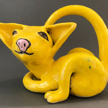 Sculpture titled "Yellow Cat" by Viktor Zuk, Original Artwork, Ceramics
