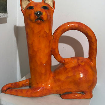 Sculpture titled "Orange Big Cat" by Viktor Zuk, Original Artwork, Ceramics