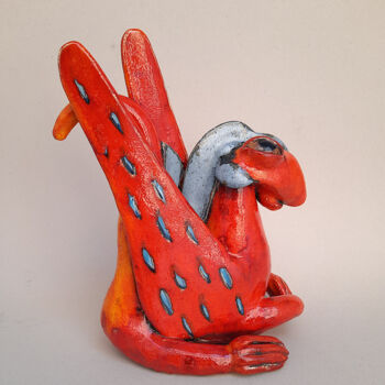 Sculpture titled "Funny Orange Dragon…" by Viktor Zuk, Original Artwork, Ceramics