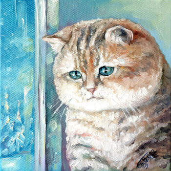 Malarstwo zatytułowany „Painting Cat by the…” autorstwa Виктория Губарева, Oryginalna praca, Olej