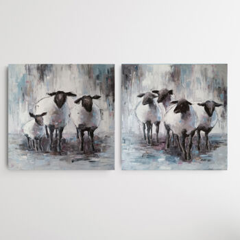 「Diptych "Sheeps" oi…」というタイトルの絵画 Виктория Кернерによって, オリジナルのアートワーク, オイル ウッドストレッチャーフレームにマウント