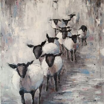 Painting titled "Oil painting "Sheep…" by Viktoriia Kerner, Original Artwork, Oil Mounted on Wood Stretcher frame