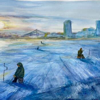 Painting titled "Winter fishing on D…" by Viktoriia Kirilenko, Original Artwork, Watercolor