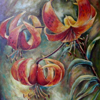 Painting titled "Красные лилии" by Viktoria Kriptova, Original Artwork, Oil