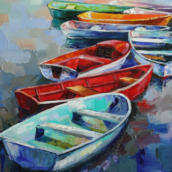 Pintura intitulada "Painting Boats, lan…" por Viktoria Lapteva, Obras de arte originais, Óleo Montado em Armação em madeira