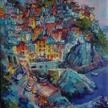 Painting titled "Manarola Evening -…" by Viktoria Lapteva, Original Artwork, Oil Mounted on Wood Stretcher frame