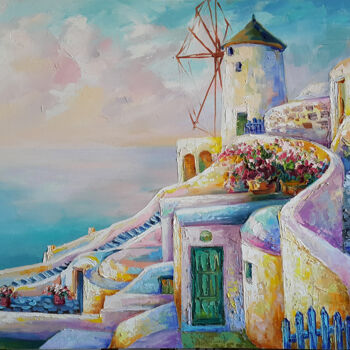 Pintura titulada "Painting Santorini…" por Viktoria Lapteva, Obra de arte original, Oleo Montado en Bastidor de camilla de m…