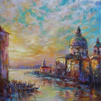 Painting titled "Venice at sunset ,…" by Viktoria Lapteva, Original Artwork, Oil Mounted on Wood Stretcher frame
